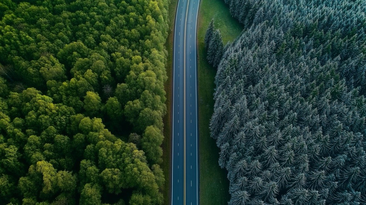 Aerial shot of a road through the forest, illustrating seasonal transitions from summer to winter.