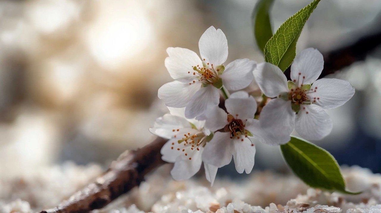 Almond tree branches with blooming almond flowers on a warm spring day, highlighting nature’s beauty and blossom.