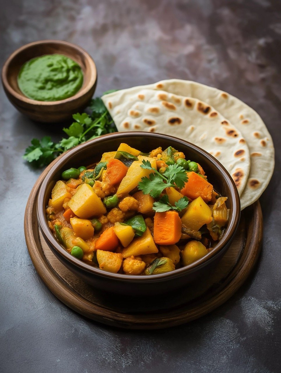 Aloo Gobi and Mixed Vegetables Served with Chapati in a Traditional Indian Food Recipe