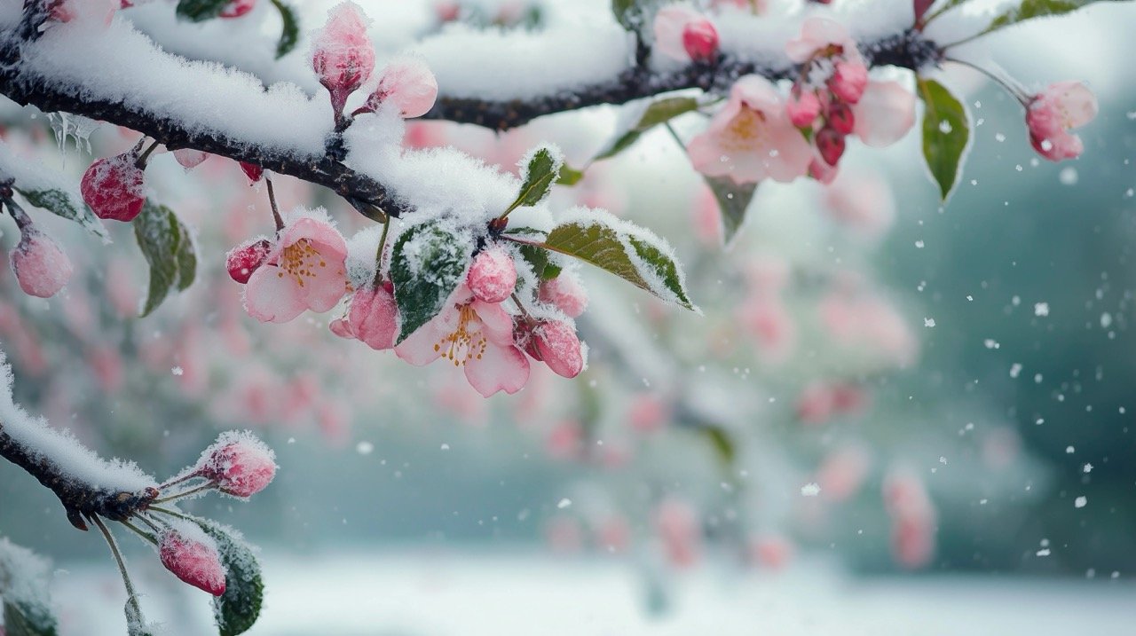 Apple tree blossoms covered in snow during spring snowfall, freezing flowers under white snow in garden.