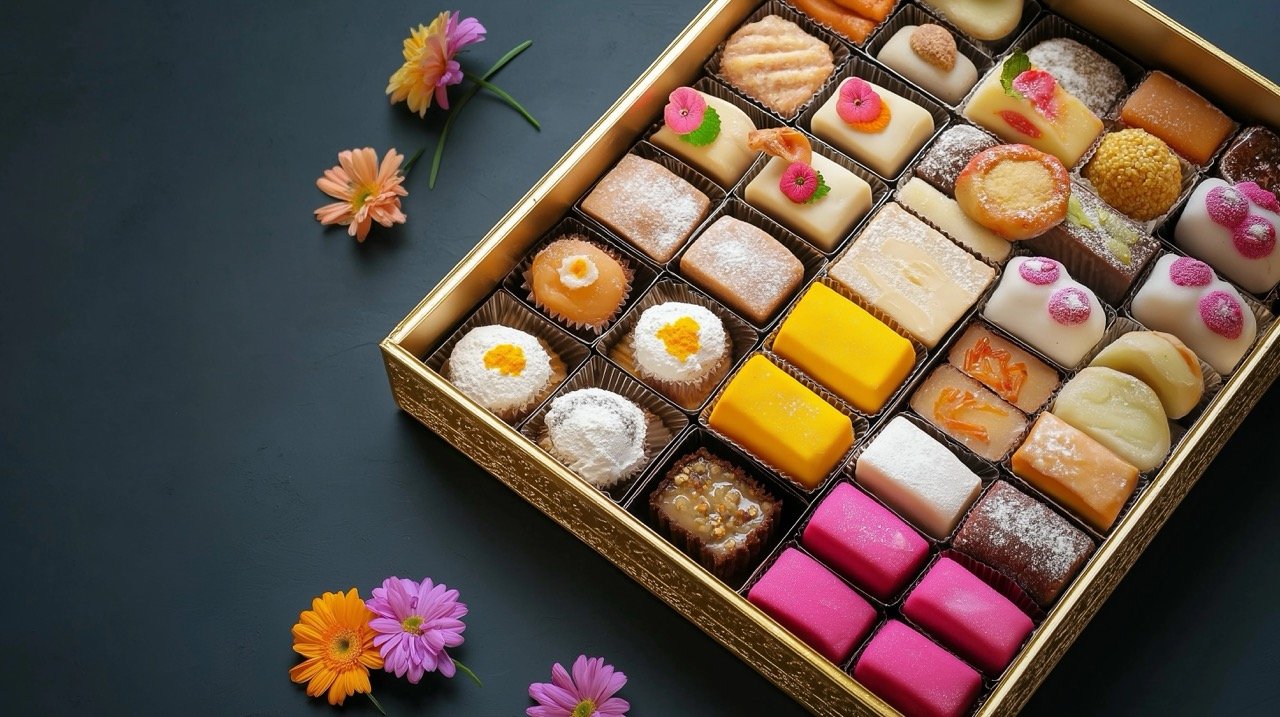 Assorted Indian Diwali Sweets Mithai Box with Diya, Flowers – Kaju Katli, Peda, Barfi, Marzipan