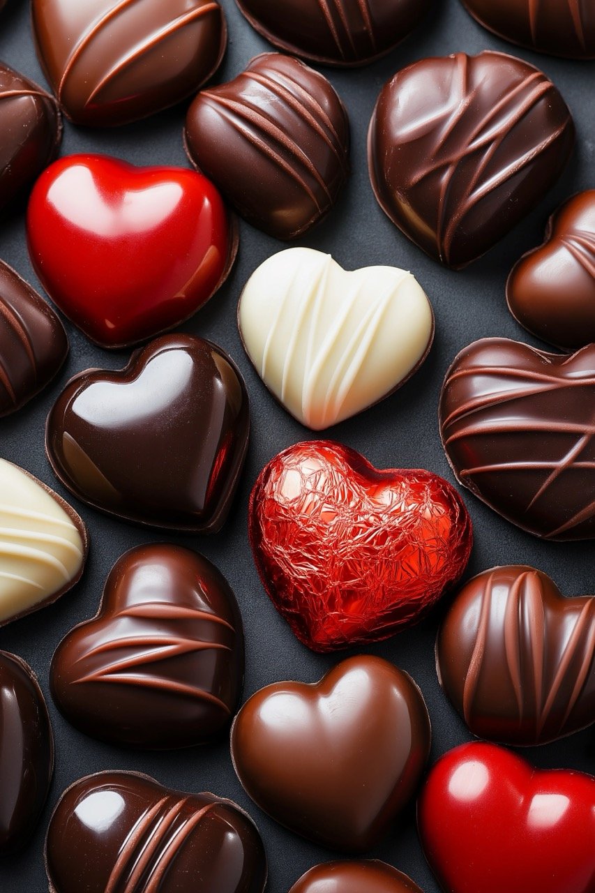 Assorted chocolate candies in dark, milk, and white varieties for Valentine’s Day, perfect sweet treats.