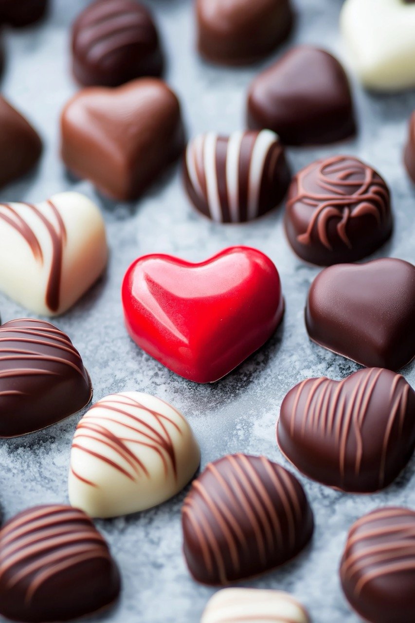 Assortment of heart-shaped chocolates and candies in milk, white, and dark chocolate for special occasions.