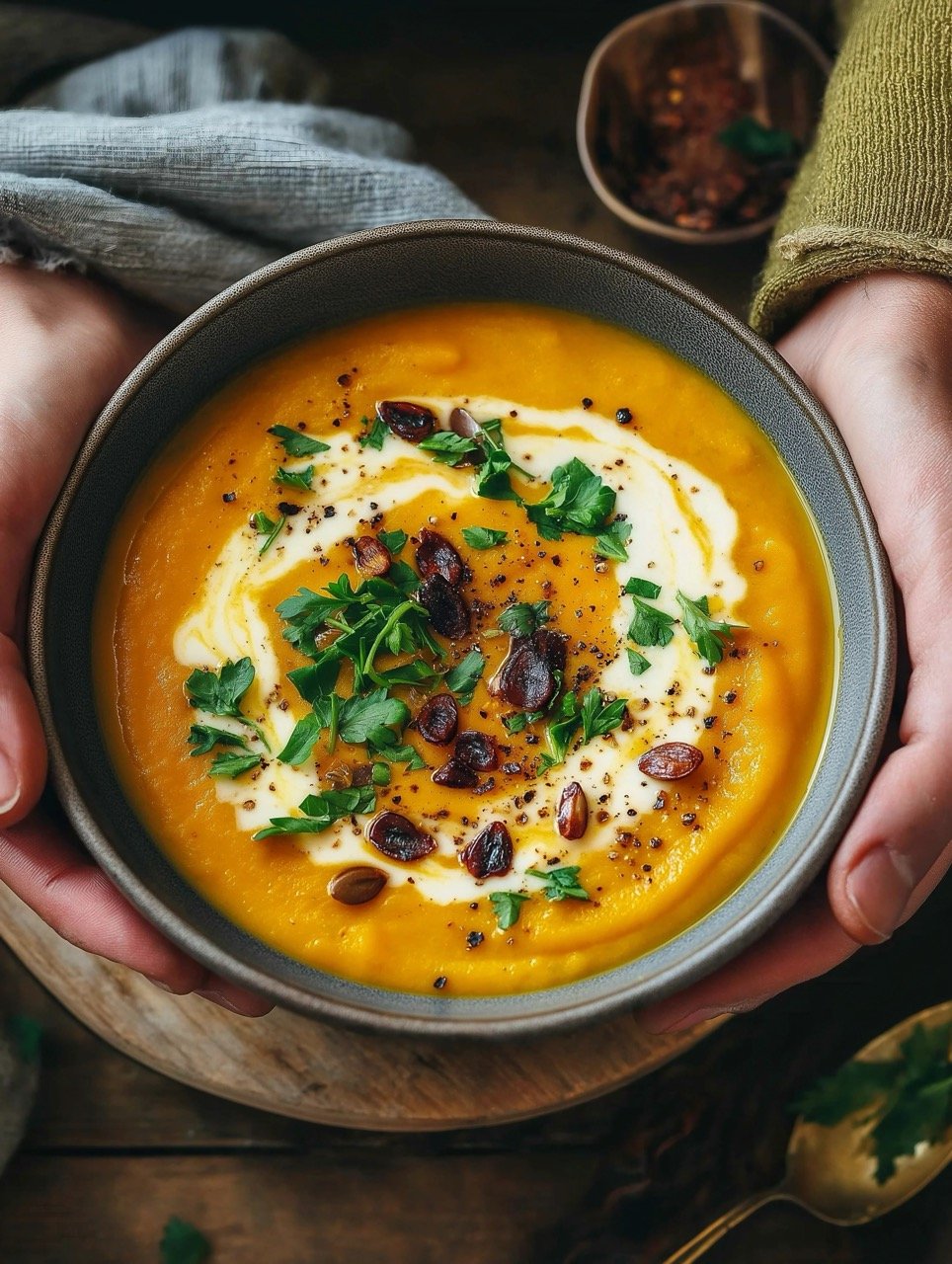 Autumn and Winter Favorite Vegan Creamy Roasted Pumpkin Soup Enjoyed by Men