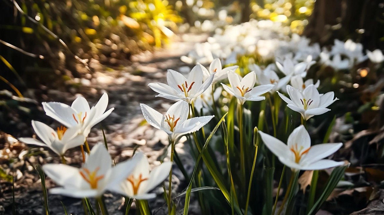 Autumn garden with White Rain Lily flowers (Zephyranthes candida) blooming, showcasing delicate wildflower beauty.