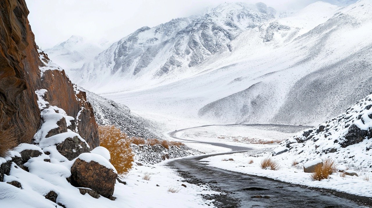 Autumn landscape with snow and mountain road to Nubra Valley in Leh, Ladakh, India.