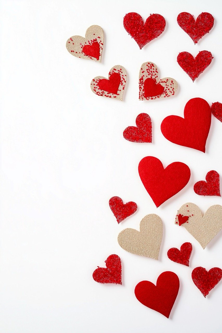 Background of red hearts and Valentine’s symbols on white background for a romantic celebration theme