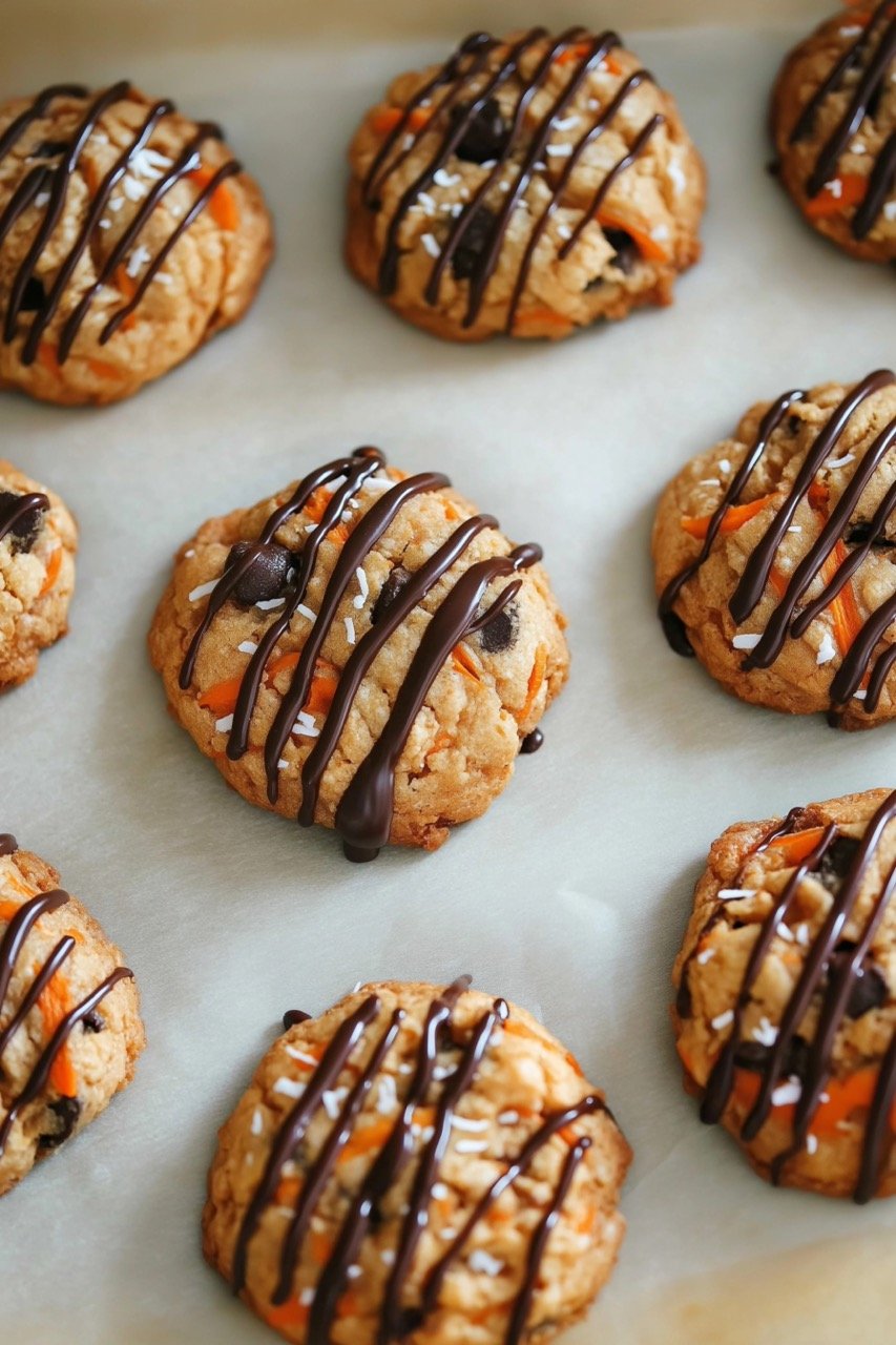 Baked Homemade Carrot, Coconut, and Chocolate Chip Cookies Drizzled with Dark Chocolate Premium Stock Photo