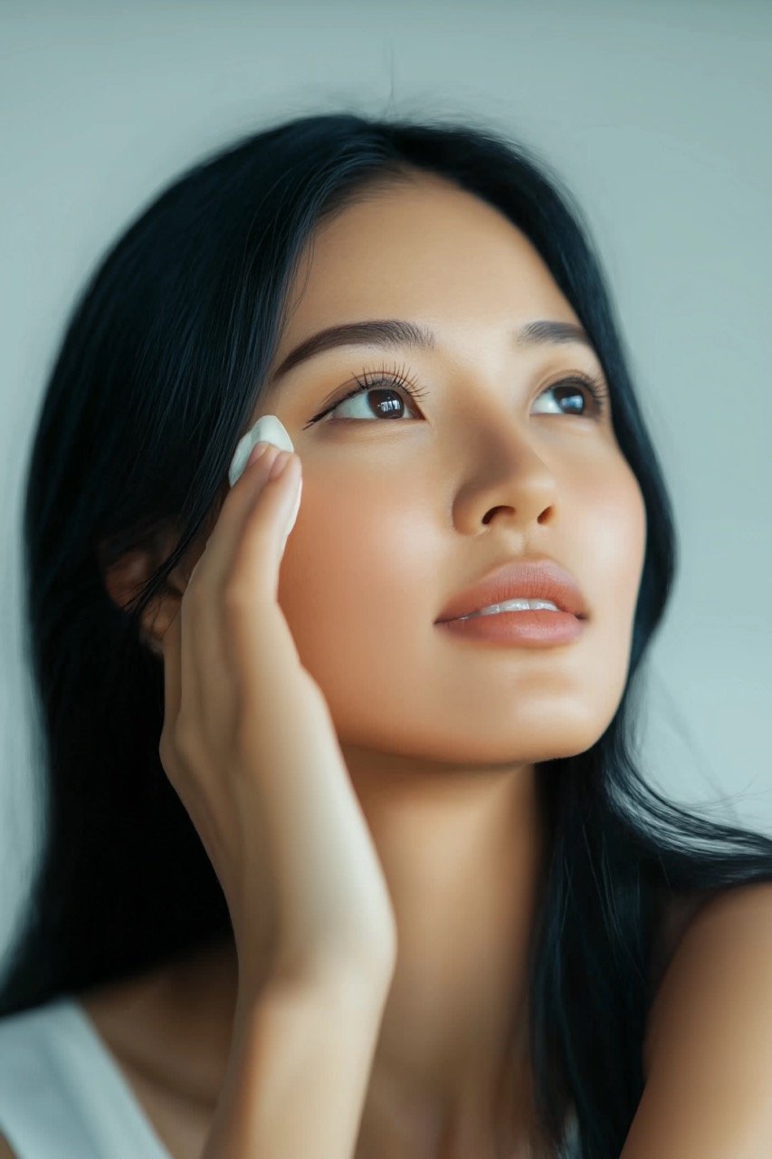 Beautiful Asian Woman with Lush Black Hair Gently Touching Her Face and Using Natural Skincare