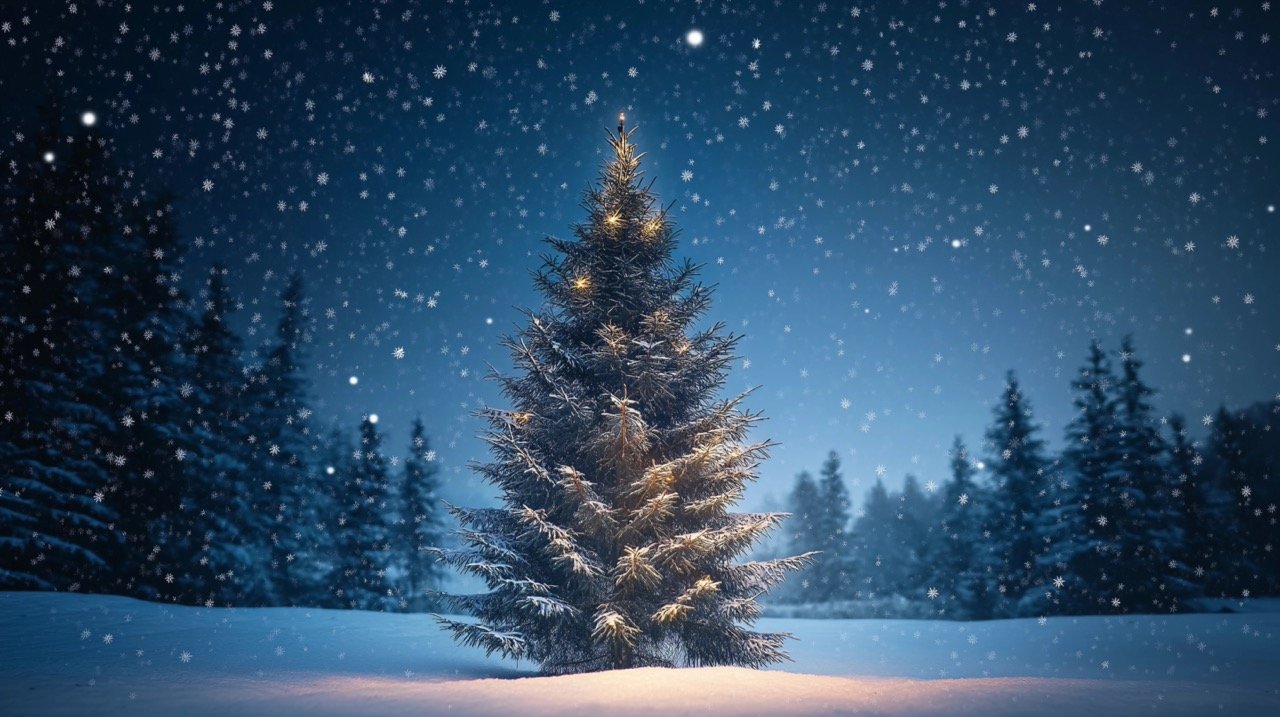 Beautiful Christmas Tree at Night in Snowy Winter Landscape with Festive Holiday Ambience