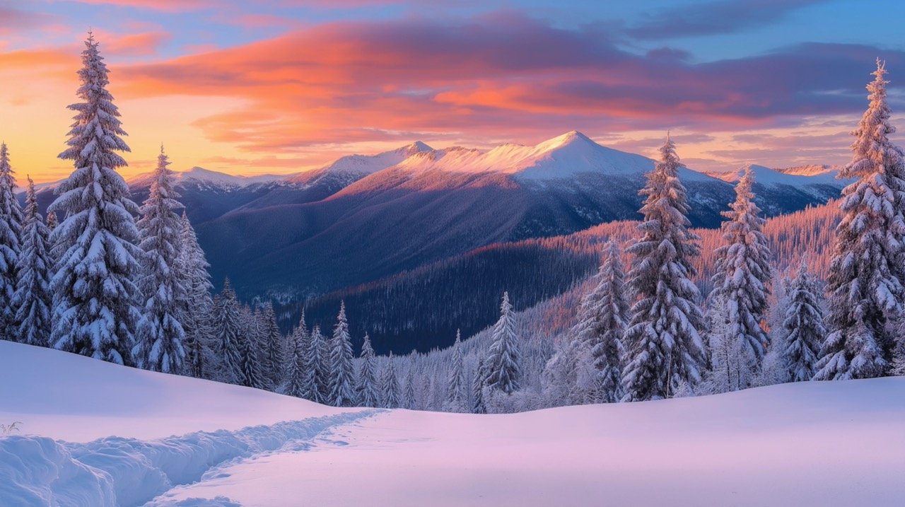 Beautiful Frosty Winter Morning with Snowy Mountains, Frosted Trees, and Breathtaking Natural Scenery