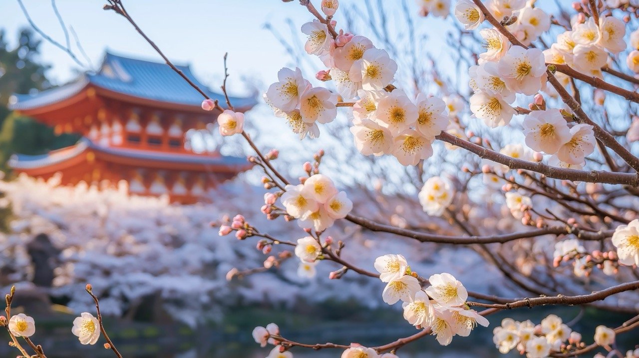 Beautiful Japanese plum blossoms (Prunus mume) in winter, showcasing nature’s elegance in Tachikawa, Tokyo, Japan.