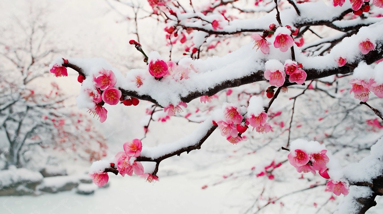 Beautiful Japanese plum blossoms in the snow, symbolizing winter beauty and the arrival of spring in Japan.