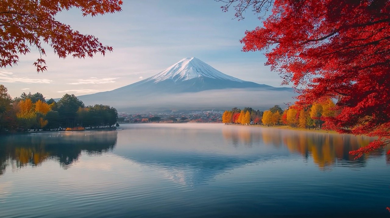 Beautiful autumn scenery with Mount Fuji, red leaves, and morning fog at Lake Kawaguchiko, Japan.