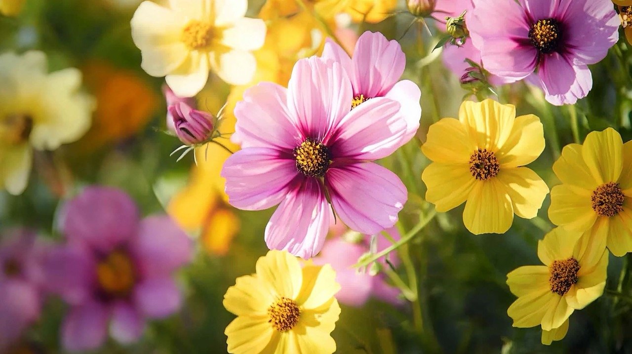 Beautiful blooming flowers including Black-Eyed Susan, Cosmos, and Crucifers in a Canadian public garden.