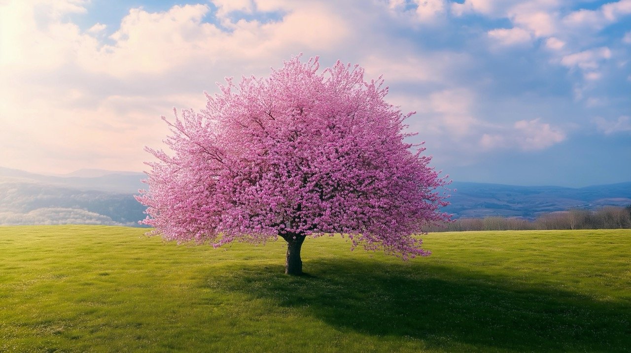 Beautiful cherry sakura tree blooming with pink flowers in a serene green meadow during springtime.