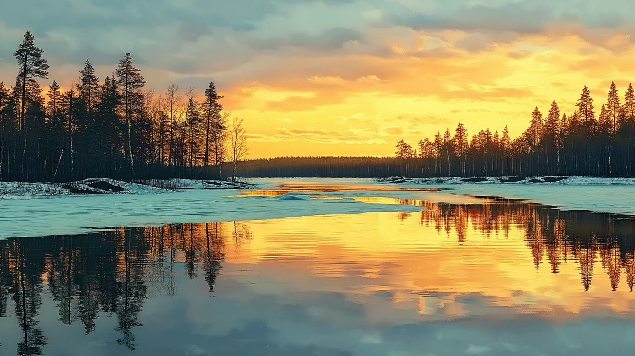 Beautiful northern spring sunset over the river with melting ice and lake reflections in Finland.