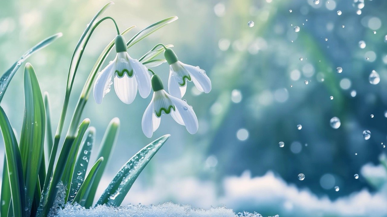 Beautiful snowdrop flowers with water droplets in the garden, marking the first signs of spring amidst winter.