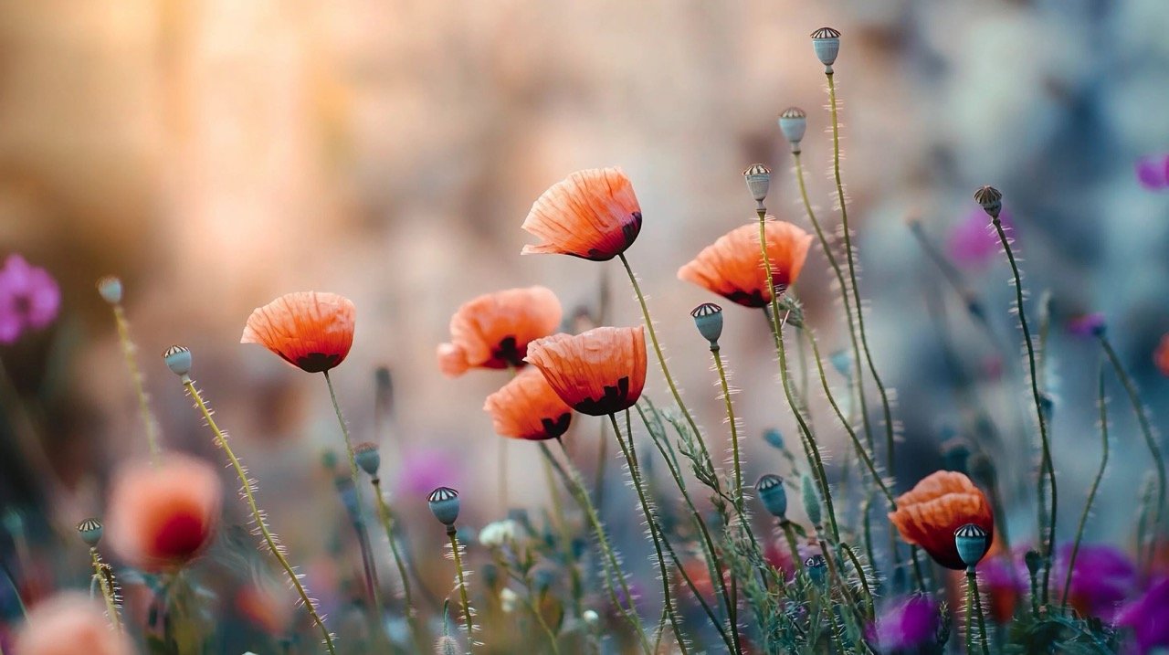 Beautiful summer wildflowers blooming in small field, including poppies, captured in close-up view.