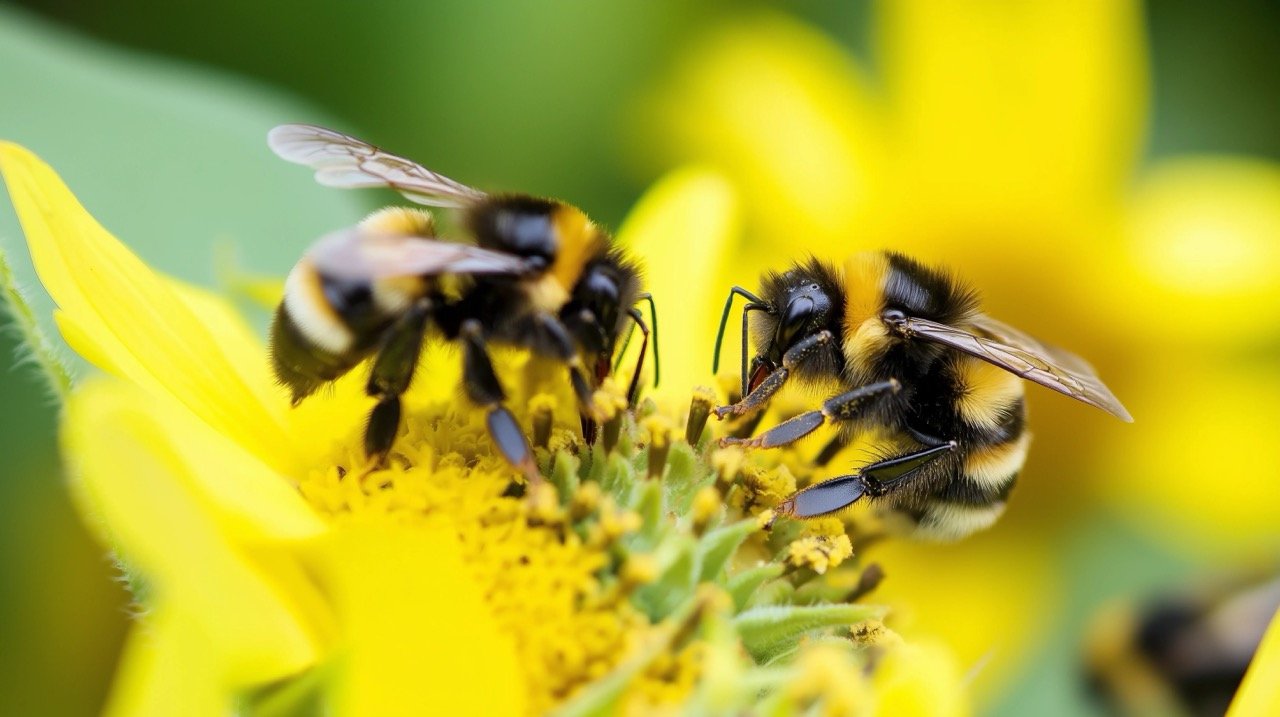 Bees Collecting Pollen from Sunflower – Bumblebee Pollination and Flower Close-Up in Natural Wildlife Photography.