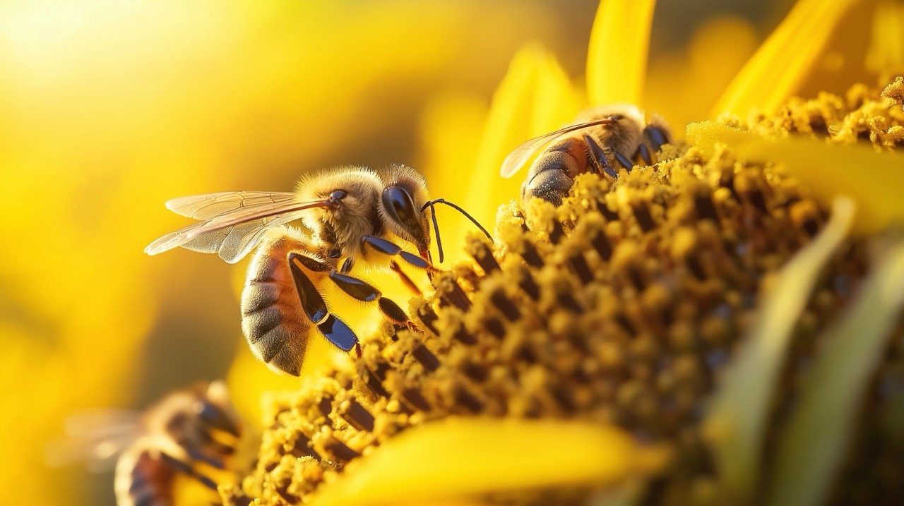 Bees Gathering Pollen from Sunflower – Pollination Process and Flower Close-Up Captured in Nature Photography.