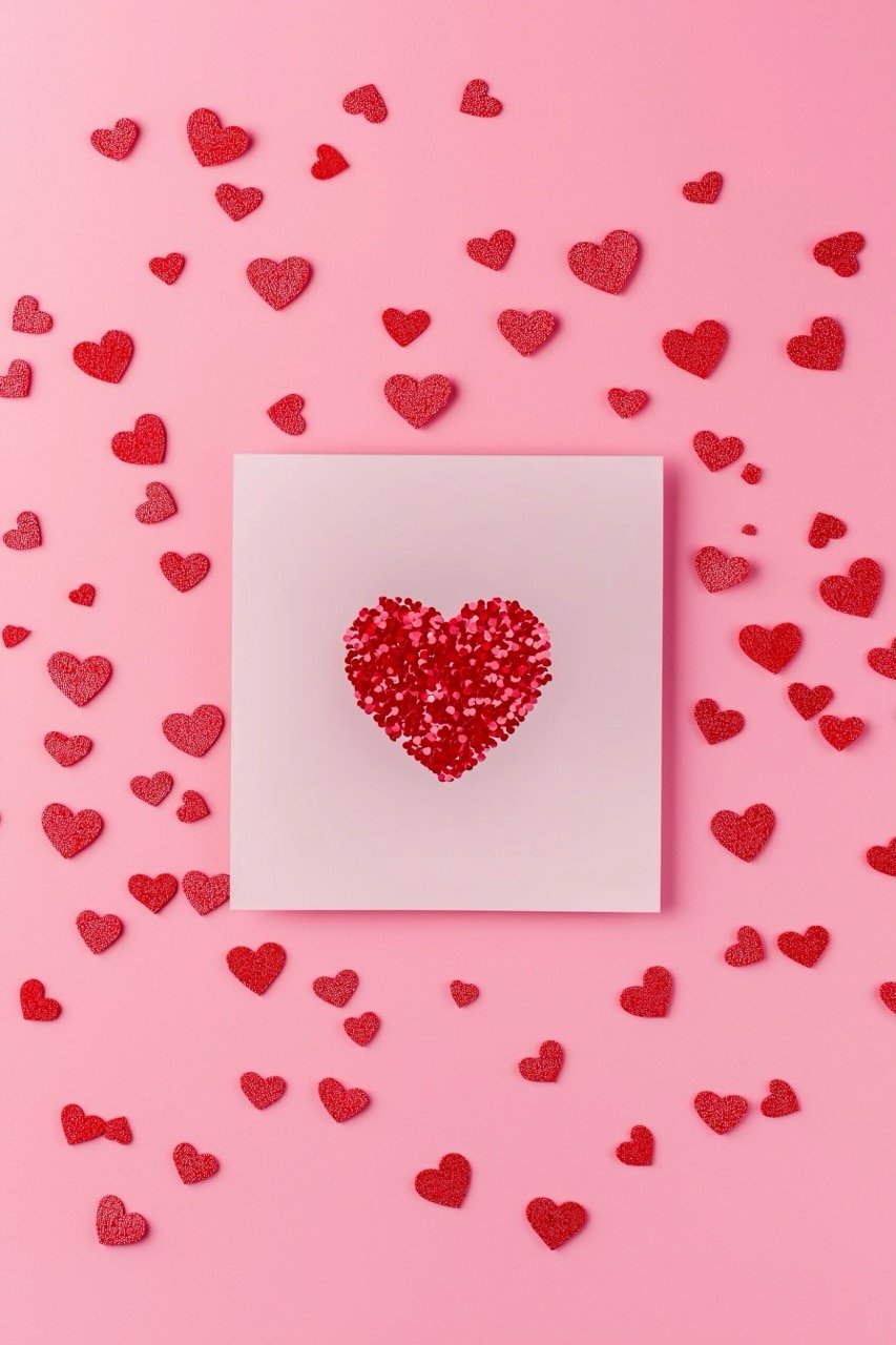 Blank greeting card mock-up for Valentine’s Day with red hearts confetti, top view on pink background.