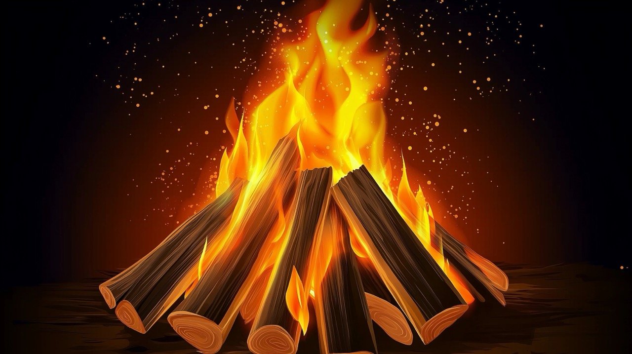 Blazing Bonfire on Wood for Lohri Festival Celebration, Outdoor Camping and Cultural Design Illustration.