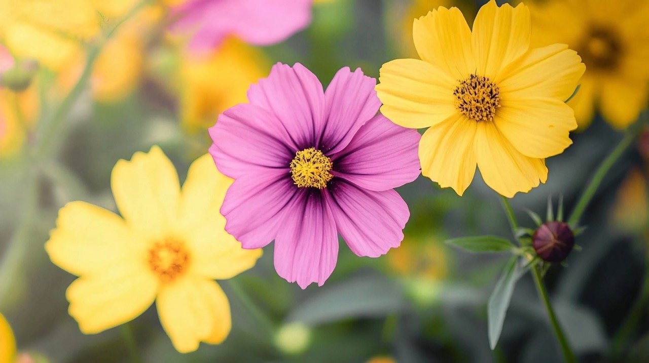 Blooming Black-Eyed Susan and Cosmos flowers in a public garden in Canada, colorful nature photography.