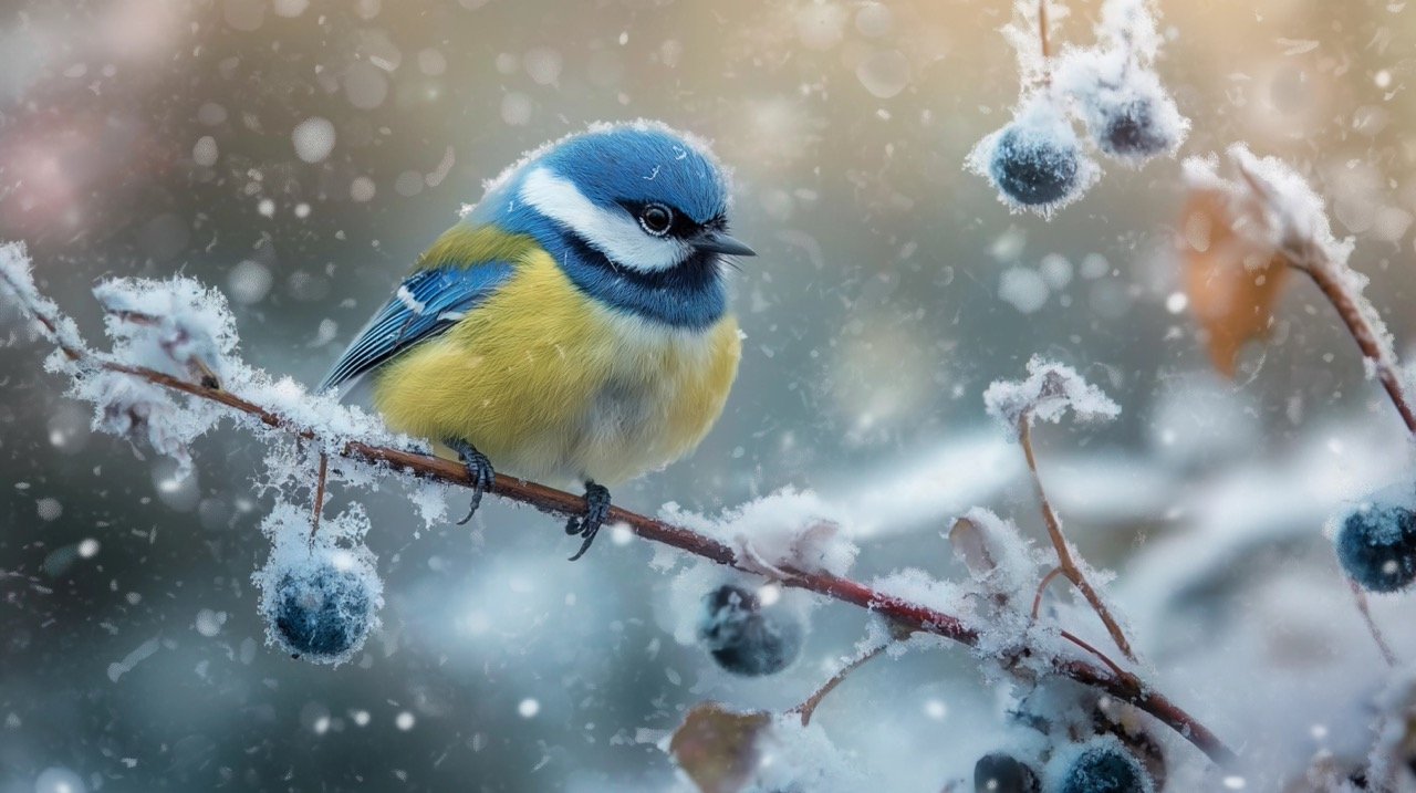 Blue Tit Bird in Snow Stunning Wildlife Stock Photo Capturing Winter’s Nature and Seasonal Beauty