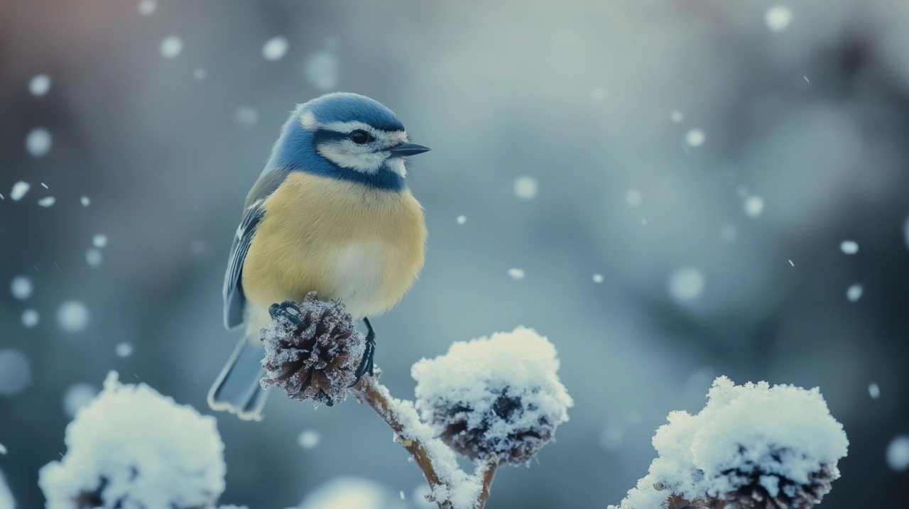 Blue Tit Perched on Frosty Branch Stunning Winter Bird Wildlife Stock Photo in Snowy Background