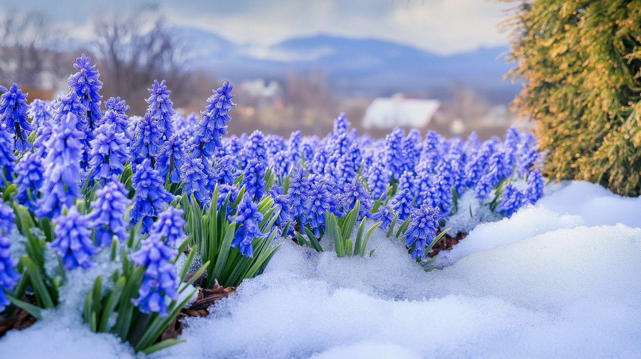 Blue grape hyacinths in a snow-covered flowerbed, March season blending winter and spring elements.