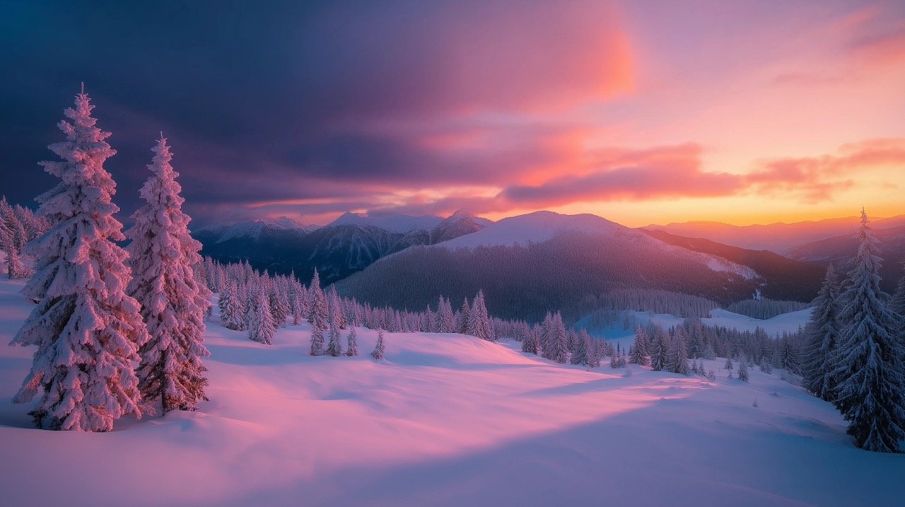 Breathtaking Winter Landscape Featuring Snowy Mountains, Vibrant Sunset, and a Serene Nighttime View