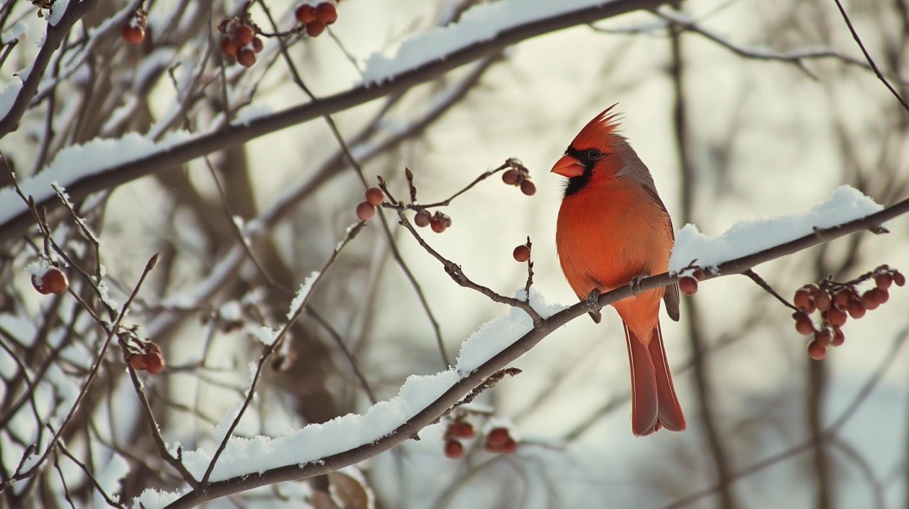 Bright Red Cardinal Perched on Tree Branch in Snowy Winter Scene Captivating Wildlife Photography