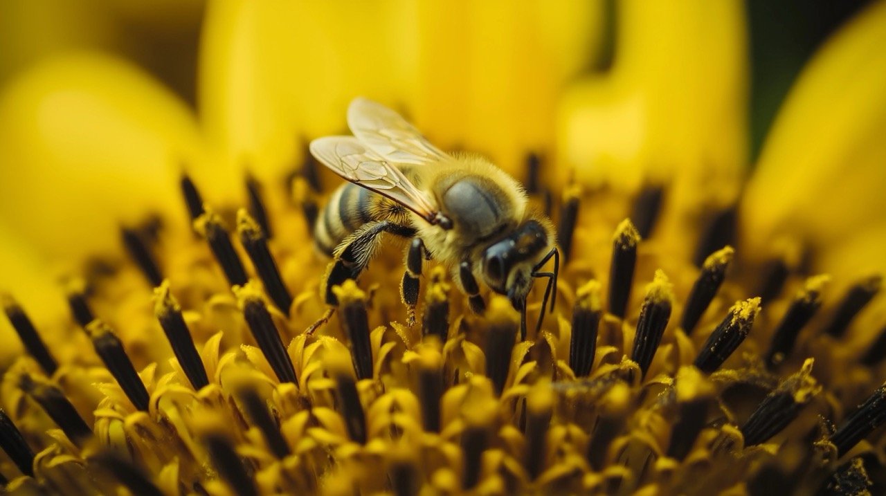 Bumblebees on Sunflower – Collecting Pollen and Pollinating Flowers in Stunning Wildlife Nature Scene.