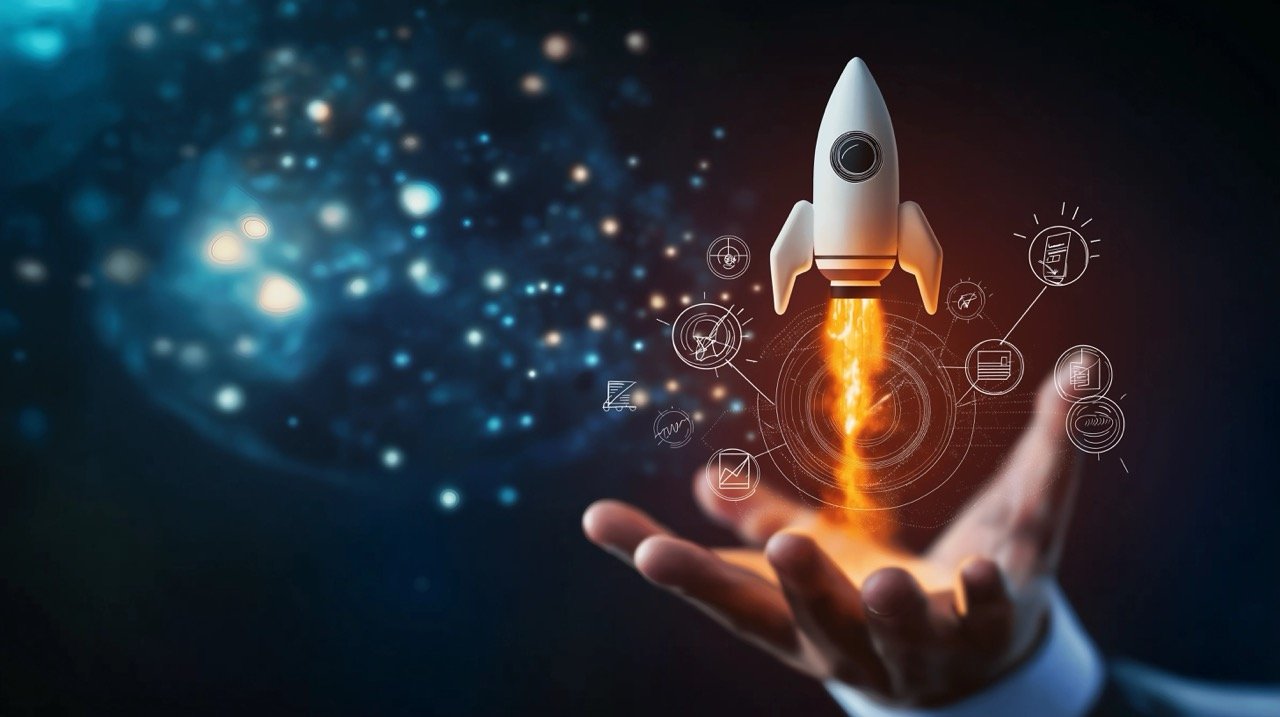 Business Growth Strategy Hand Displaying Rocket Icon for Startup Success and Taking Off