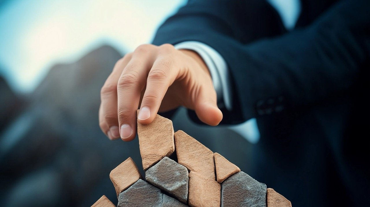 Businessman Reaching for Success, Climbing with Fingers, Representing Achievement and Assistance in Banking Industry.