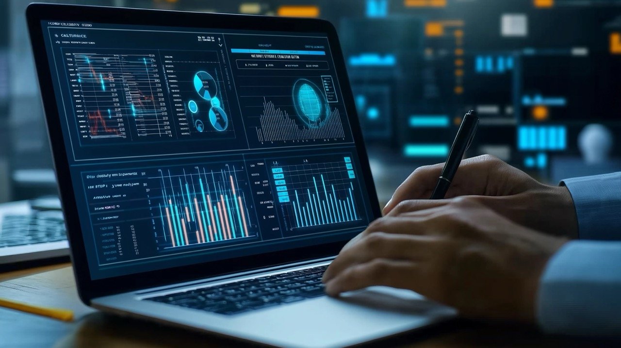 Businessman Using Laptop to Analyze Business Analytics Dashboard with Charts, Metrics, and KPIs for Performance Insights