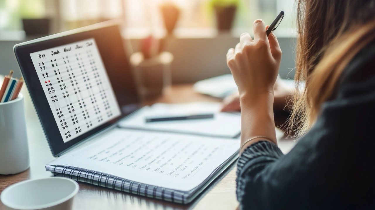 Businesswoman Sitting and Working on Event Planning with Calendar, Laptop, and Personal Organizer for Deadlines