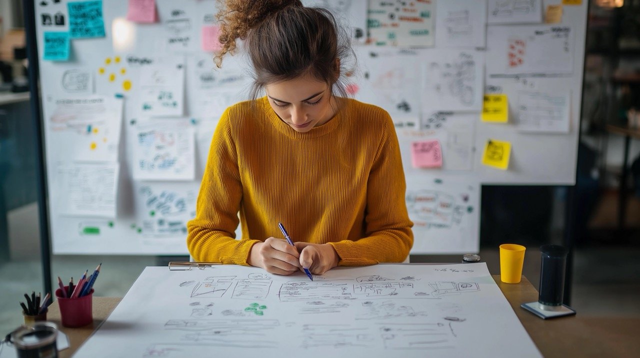 Businesswoman Sketching Marketing Strategy Plan in Creative Office for Business Growth and Contemplation