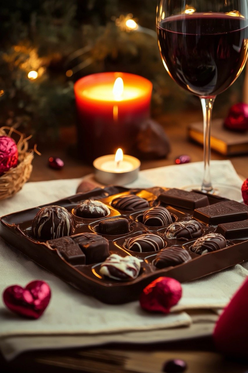 Candlelight dinner table featuring wine, chocolate, and a romantic setup for Valentine’s Day celebration