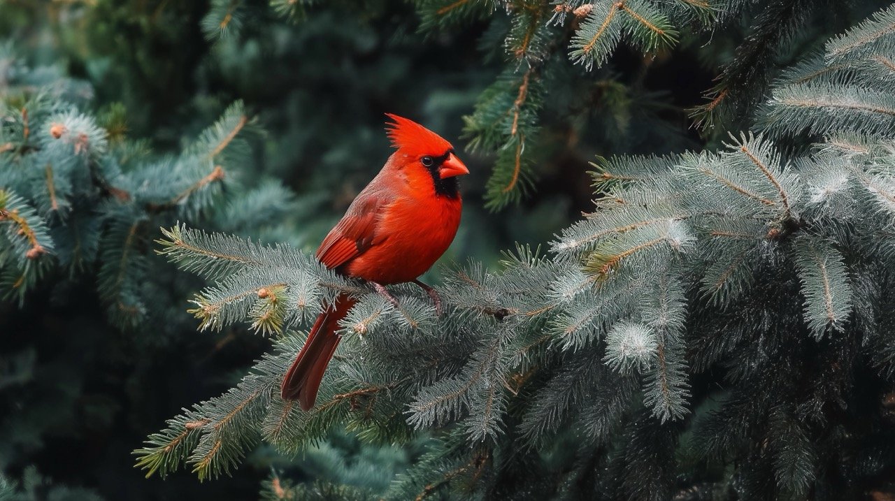 Cardinal bird in a spruce tree during winter, featuring its bright red color and snowy surroundings.