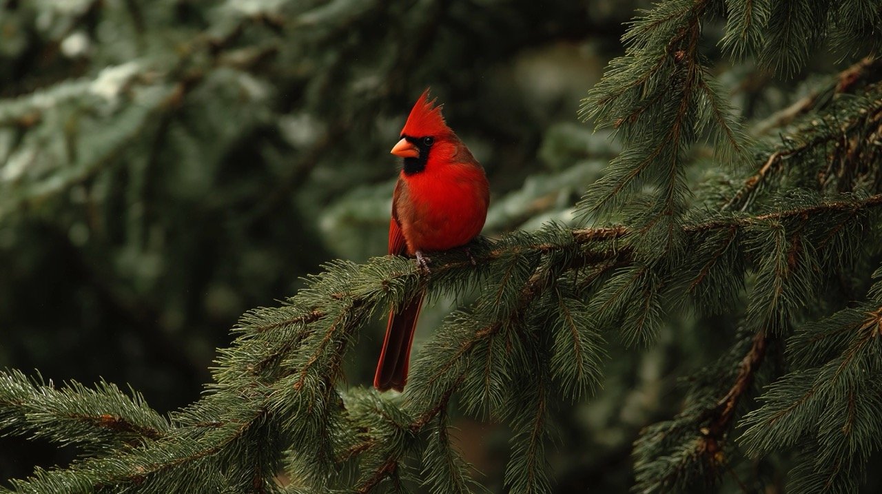 Cardinal perched on a spruce tree during winter, showcasing the bird’s red feathers against snow.