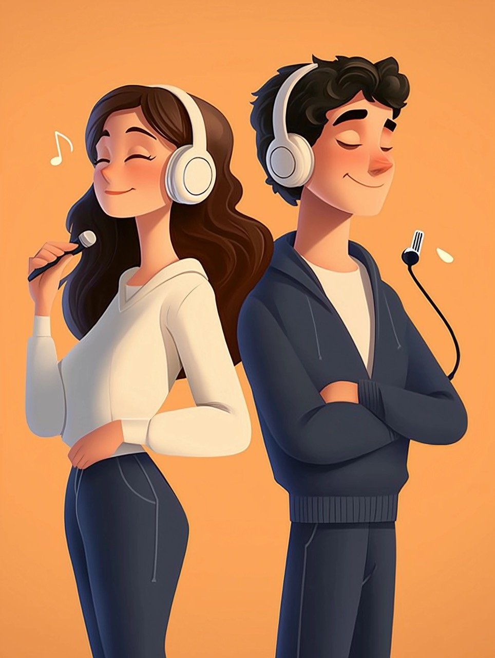 Cartoon Couple Characters Listening to Music Generative AI Stock Art for Creative and Romantic Designs