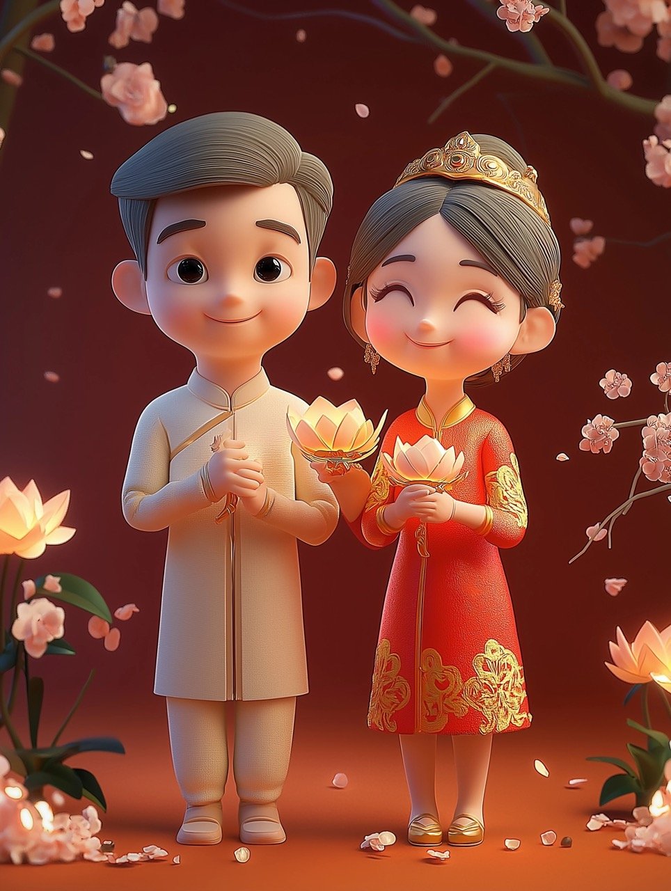 Celebrate Tet Vietnamese New Year with 3D Couple Portrait Ideal Stock Image for Festive Marketing