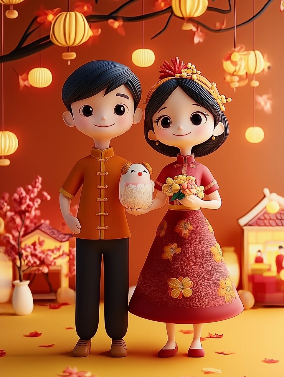 Celebrate Tet Vietnamese New Year with 3D Couple Portrait Ideal Stock Visual for Cultural Festivities and Marketing