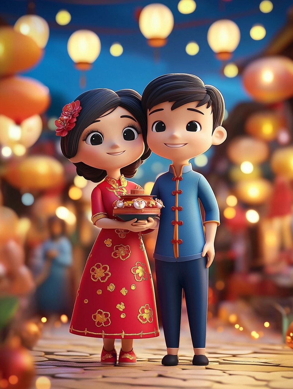 Celebrate Tet Vietnamese New Year with 3D Couple Portrait Perfect Stock Image for Cultural Events and Campaigns