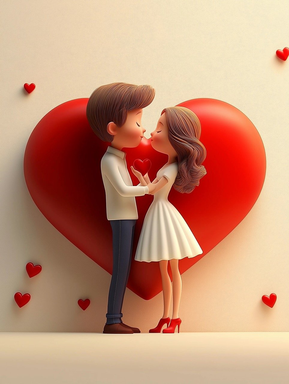 Charming 3D Couple Sitting on Valentine’s Heart Premium Stock Visual for Romantic and Festive Designs