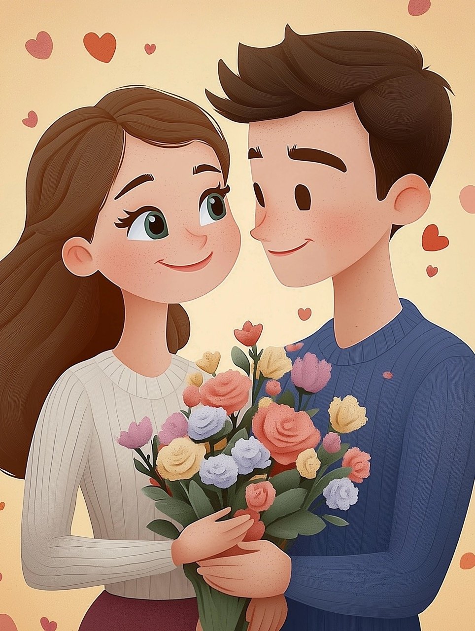 Charming Generative AI Illustration of Couple Holding Flowers Perfect Stock Art for Romantic and Celebration Themes