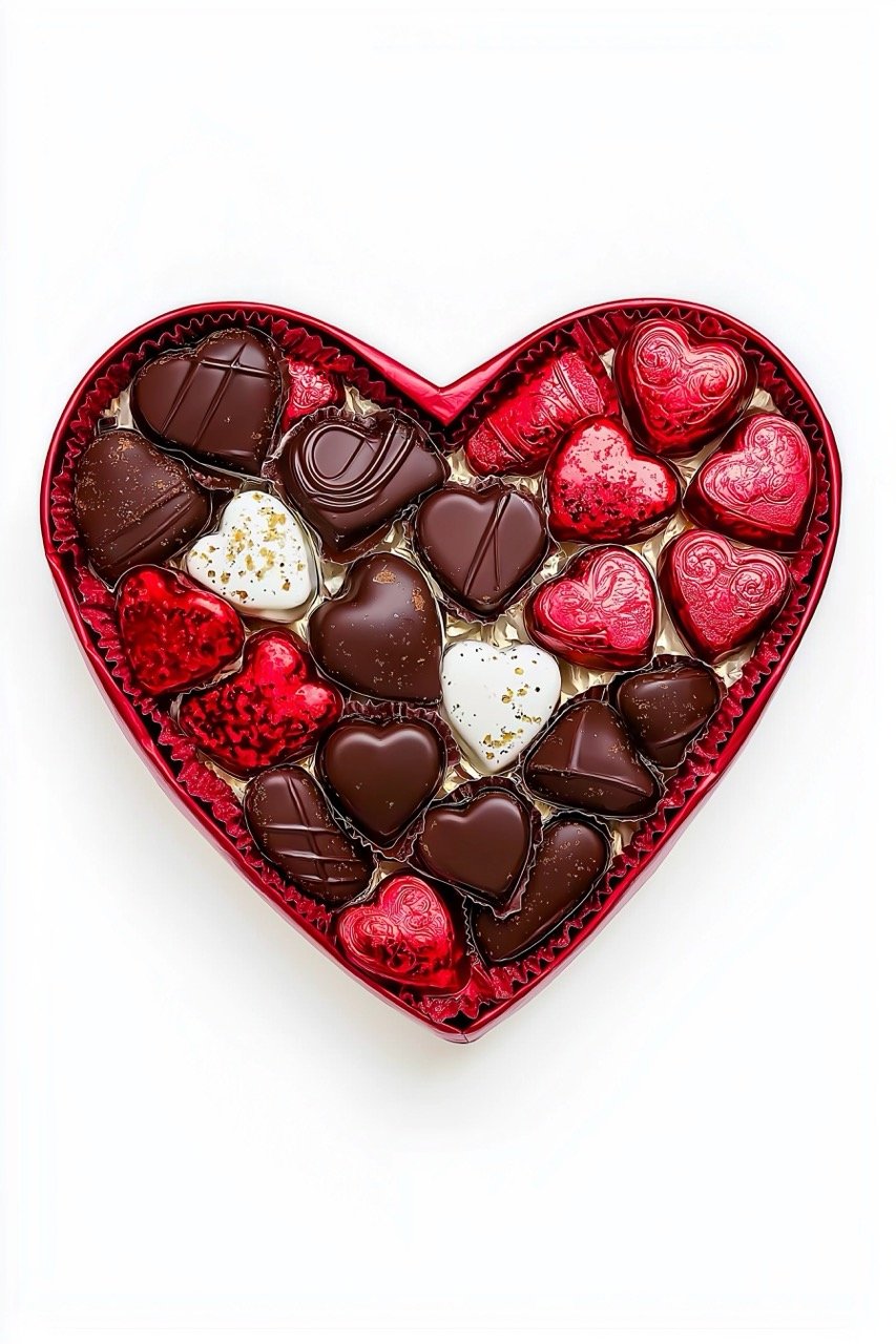 Chocolate-filled red heart box, a perfect gift for Valentine’s Day and special romantic celebrations.