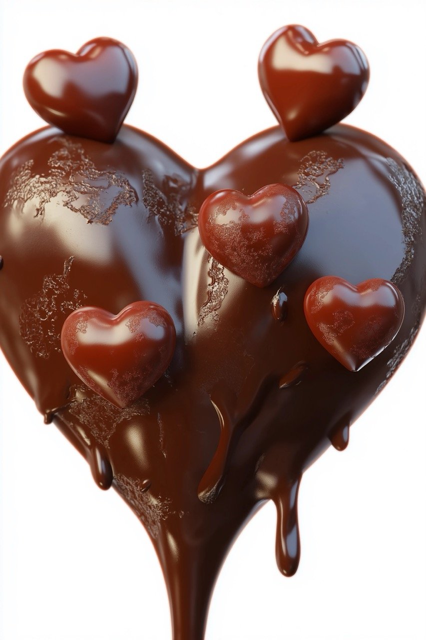 Chocolate heart melting in 3D rendering, ideal for Valentine’s Day, candy lovers, and sweet holiday treats.